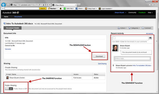 Screenshot showing download, comment and sharing functions.