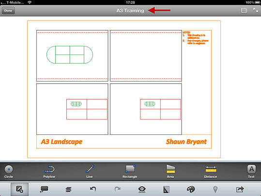 A3 Training.dwg open in AutoCAD WS on the iPad.