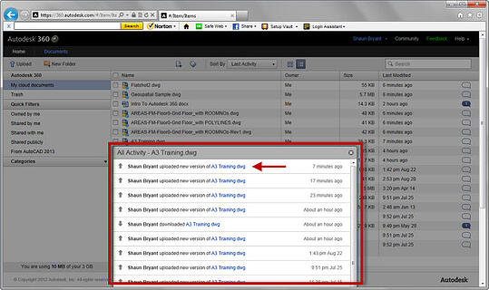 The Document Activity list for A3 Training.dwg with the recent sync highlighted.