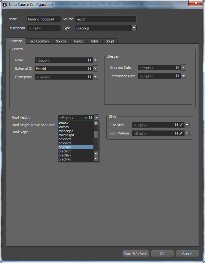 Since the buildings in this case are 2D footprints, we’ll select an attribute with a Z-value (elevation or height) from the ‘roof height’ dropdown. 