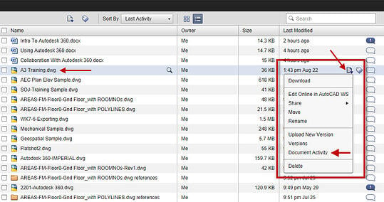 Autodesk 360 at the fixed location showing where to find Document Activity on the Actions sub-menu.