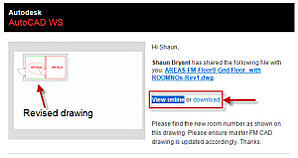 Email received from AutoCAD WS with option to download revised drawing from the cloud.