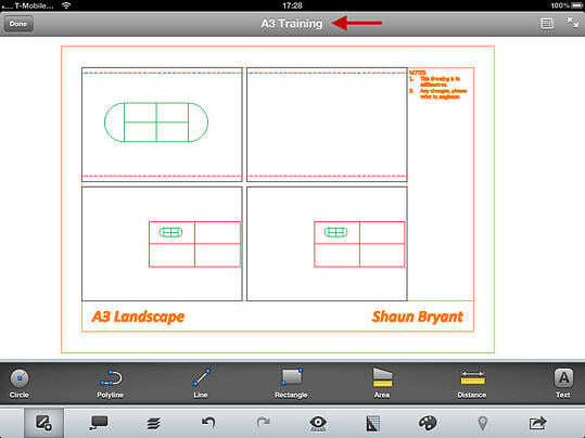A3 Training.dwg open in AutoCAD WS on the iPad.