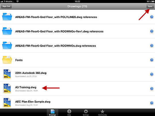 Drawing list in AutoCAD WS showing drawing used and Sync button on iPad.