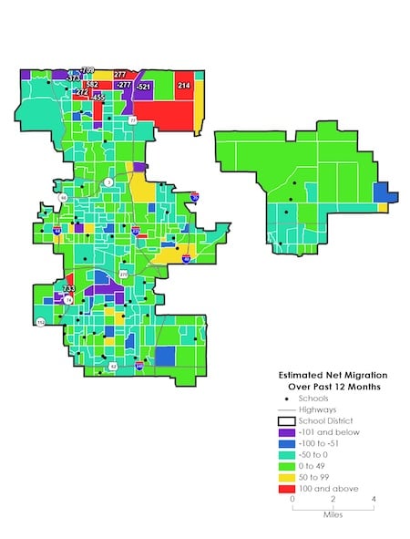 Map shows migration of students in Oklahoma City. 