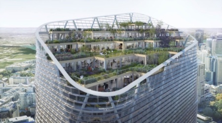 The modular design of the Atlassian tower features interconnected habitats and outdoor gardens located at each level of the building. 