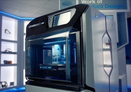 The Stratasys J55 desktop-sized 3D printer uses the company’s PolyJet technology and can print products up to within the tray area of 1,174 cm2 and 18.7cm high in any Pantone color and with a variety of textures, such as wood or fabric.