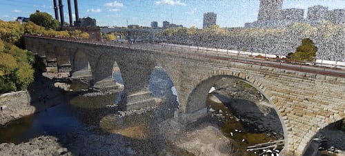 A reality mesh of Stone Arch Bridge in Minneapolis, Minnesota. Using digital imagery to plan repairs saves time and money, plus protects employees as they work on the bridges. 