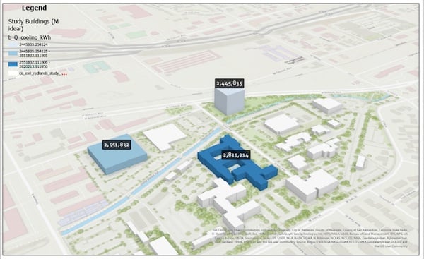 Esri analyzed energy efficiency of an existing building complex (in dark blue) versus more compact hypothetical buildings. The analysis found significant energy savings with rectangular-shaped buildings. Image source: Esri. 