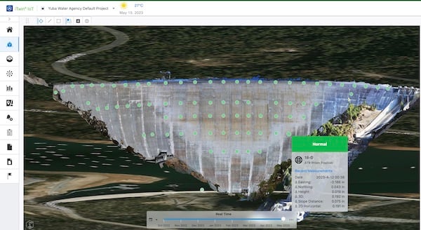 Bentley’s iTwin can be used to create a real-time, multi-sensor monitoring system, such as that shown on the Bullards Bar Dam for the Yuba Water Agency in California. Image source: Yuba Water Agency.