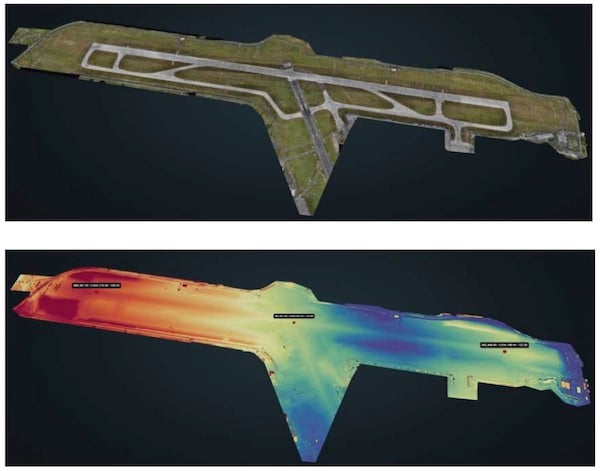 A point cloud survey of 10 million points (top) was used to generate a color-coded elevation model of a recently constructed runway (bottom). Image source: daa.