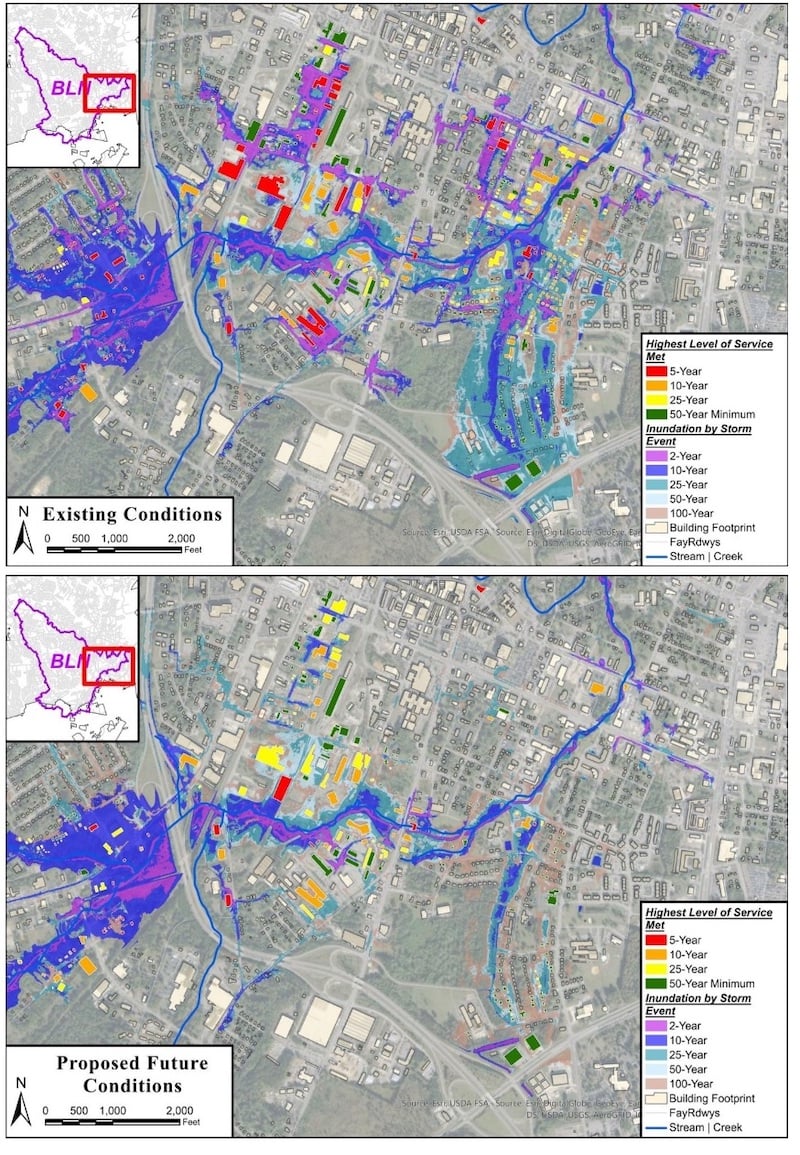 The Fayetteville team used InfoWorks ICM to create maps showing existing and proposed conditions for various storm events. Image source: Autodesk.