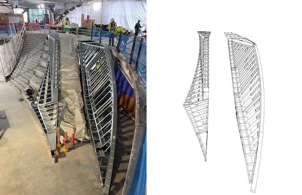 Framing for complex planters in the 10 World Trade lobby was fabricated by RTC — a change from the original concrete concept. Image sources: Suffolk (left) and RTC (right).