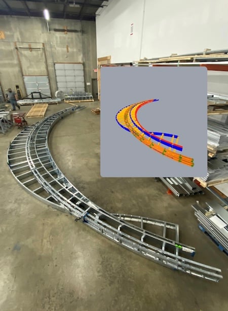 Soffit assemblies for the Michigan library project were laid out on the RTC shop floor for test-fitting and comparison with the 3D model (inset). Image source: RTC.