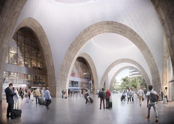 The Boston South Station Transportation Center features multiple domes that required a special support system to be installed prior to the dome construction.  Image source: Massachusetts Bay Transportation Authority.