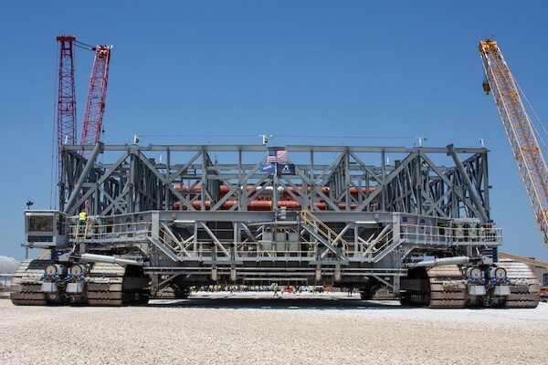 Teams from NASA and Bechtel moved the base structure of ML2 to a permanent mount structure at Kennedy Space Center in Florida. Image source: NASA/Madison Tuttle.