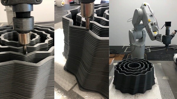  A Texas A&M architectural and construction robotics class led by Ph.D. student Mehdi Farah Bakhsh used a slurry mix to test nested 3D printing, which enables the creation of large-scale structures with smaller 3D printers. This reduces weight while increasing the reach of the printing robot in extraterrestrial 3D printing processes.  Image source: Texas A&M School of Architecture/Mehdi Farah Bakhsh.