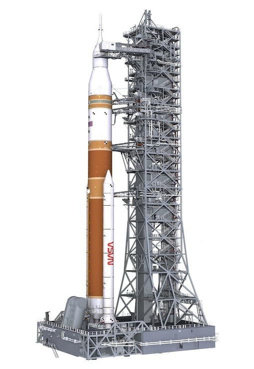 This conceptual rendering of NASA’s mobile launcher 2 (ML2) and the Block 1B SLS rocket shows the scale and complexity of the ML2 design. Detailed renderings of the ML2 model are done separately at regular intervals. Image source: NASA.