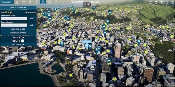 The city of Wellington, New Zealand, incorporates real-time data into digital twin models, enabling planners and the general public to access travel information on various travel modes. Image source: Buildmedia. 