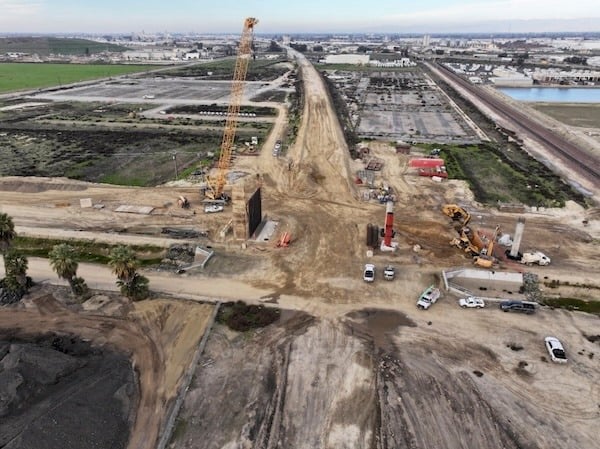 Construction is progressing on a California High-Speed Rail overpass in Fresno County. Image source: California High-Speed Rail Authority.