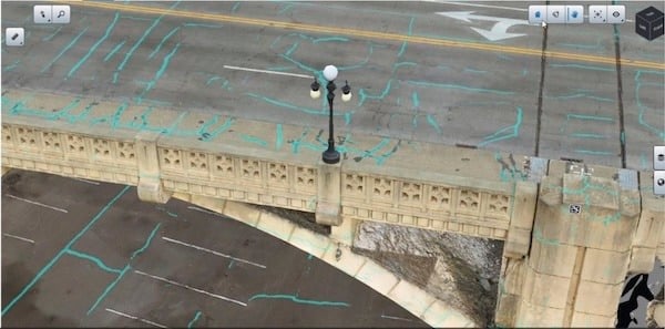 AI capabilities were used to automate detection of cracks and other defects on the historic Robert Street Bridge in St. Paul, MN. Image source: Collins Engineers, Inc. 