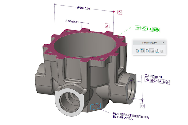 Model-based design is also commonly called model-based definition, because the model contains all the dimensioning and tolerancing information required for manufacturing.  Image source: PTC.