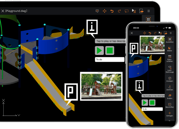 Graebert ARES Touch allows annotations to be added to existing DWG drawings using photos, notes, or voice notes. Image source: Graebert. 