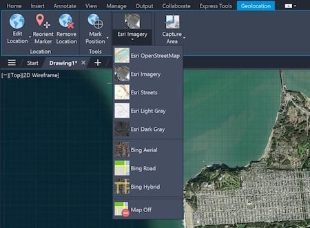 You can use five additional types of Esri maps to assign geographic location information to a drawing file. To open, click Insert tab | Location panel | Set Location | From Esri Maps or from the command window, type GEOGRAPHICLOCATION and select Map. 