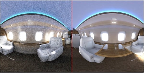The Denoiser in SOLIDWORKS Visualize uses machine learning to filter out noise from unfinished and “noisy” images. The image on the left shows typical results with Denoiser off, and the image on the right shows results with Denoiser on. Image source: SOLIDWORKS.