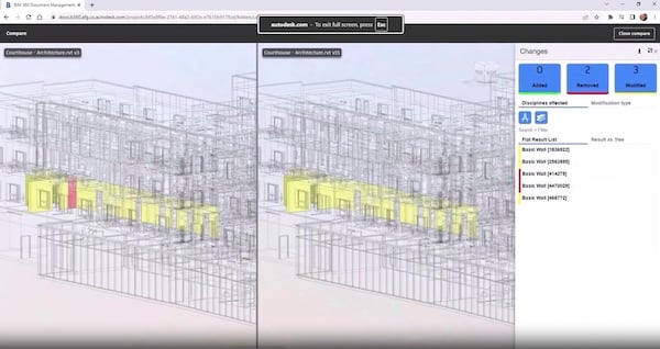 AFG enables users to compare different versions of a design and highlight changes in BIM Collaborate Pro for Government. Image source: Autodesk.