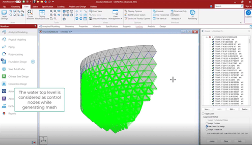 A 3D structural analysis showing a meshed surface model in STAAD.Pro. Image source Bentley Systems.
