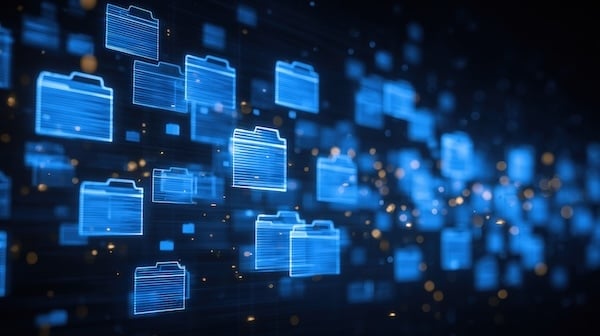 •	Glowing file-folder icons drift across a dark digital background. Image source: Planetz/stock.adobe.com, AI-generated.